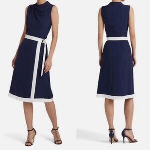 Ralph Lauren Mock Neck Navy and White A-Line Crepe Dress